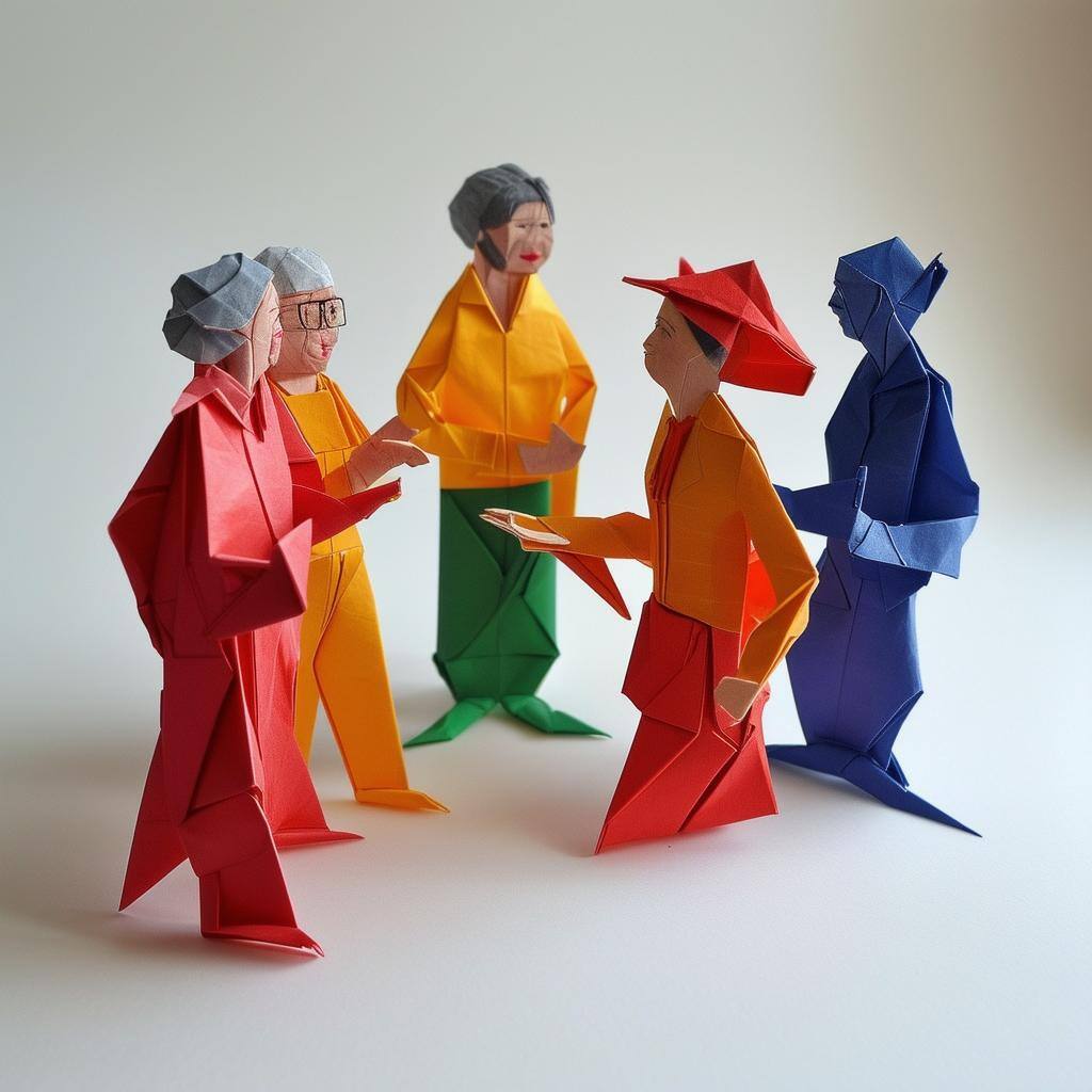 Origami people of all ages stand around talking.