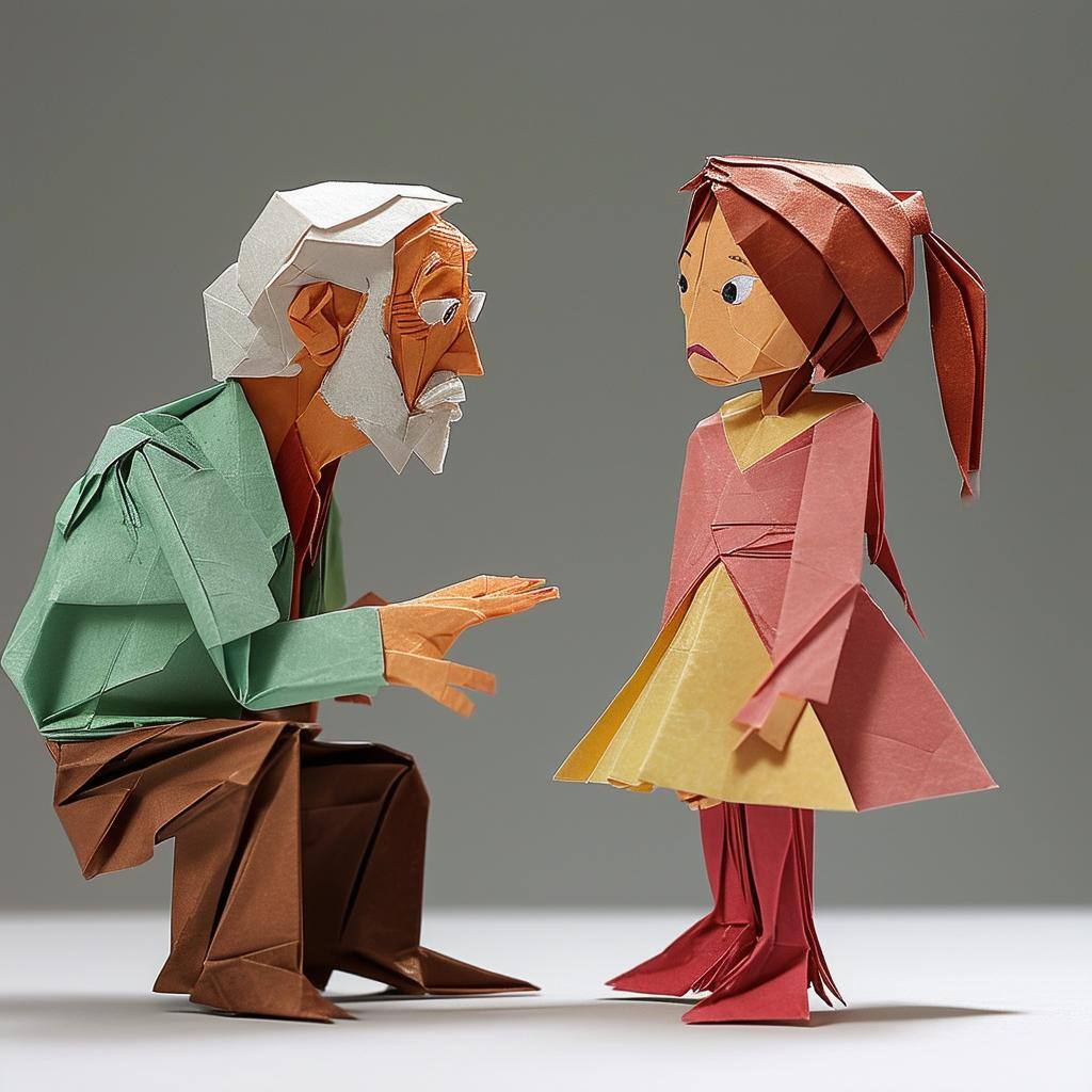 Origami old man explains things to young origami girl. 