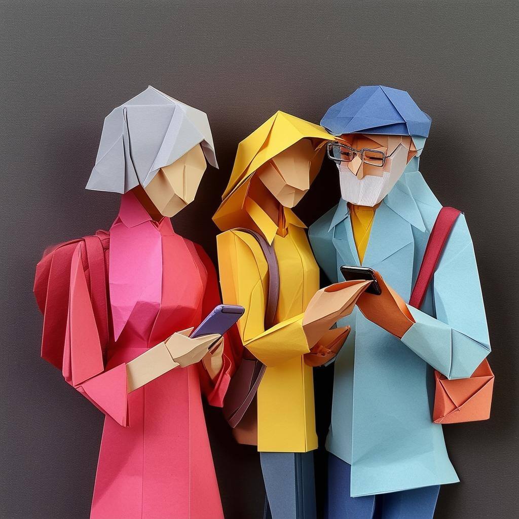 Origami people looking a phones